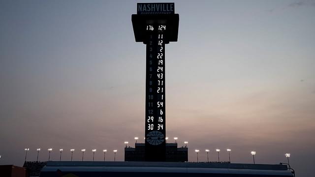 NASCAR Cup Series driver Denny Hamlin (11) leads the race with 176 laps to go during the Cracker Barrel 400 NASCAR Cup Series race at Nashville Superspeedway in Lebanon, Tenn., Sunday, June 1, 2025.