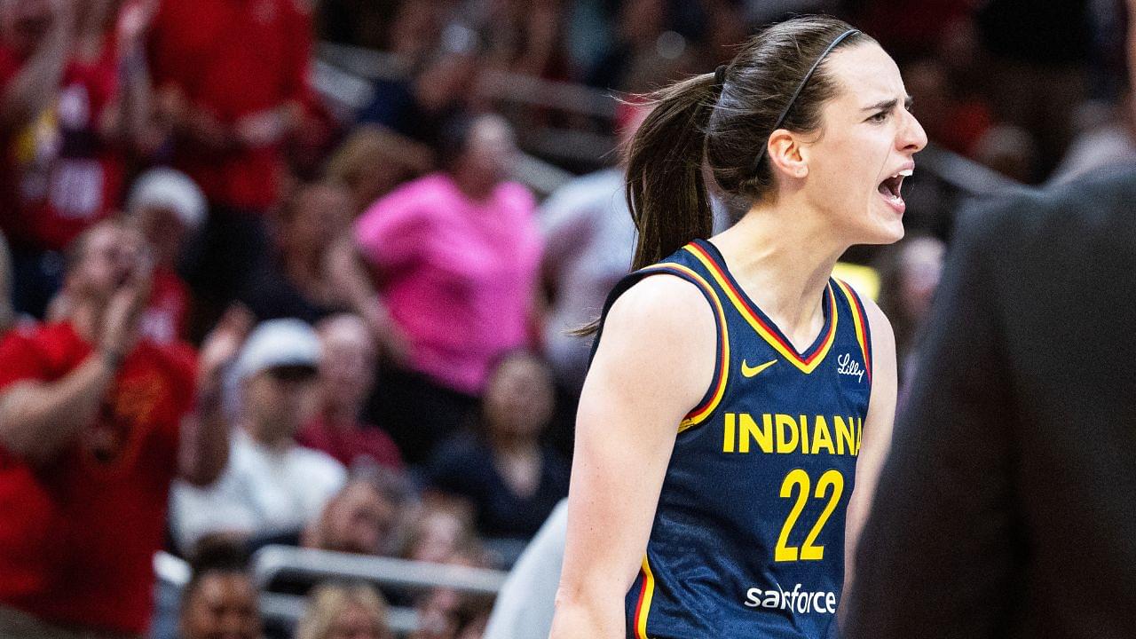 Jun 17, 2025; Indianapolis, Indiana, USA; Indiana Fever guard Caitlin Clark (22) celebrates in the second half against the Connecticut Sun at Gainbridge Fieldhouse. Mandatory Credit: Trevor Ruszkowski-Imagn Images