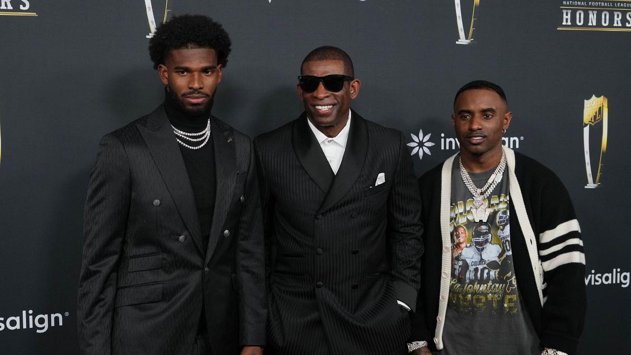 Deion Sanders with his sons Shedeur Sanders (left) and Deion Sanders Jr. (right) on the red carpet before Super Bowl LIX NFL Honors at Saenger Theatre.