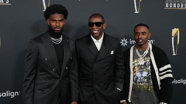 Deion Sanders with his sons Shedeur Sanders (left) and Deion Sanders Jr. (right) on the red carpet before Super Bowl LIX NFL Honors at Saenger Theatre.