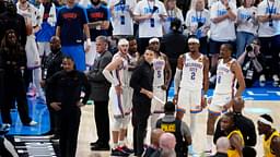 Jun 5, 2025; Oklahoma City, Oklahoma, USA; The Oklahoma City Thunder during a timeout during the fourth quarter in game one of the 2025 NBA Finals against the Indiana Pacers at Paycom Center.