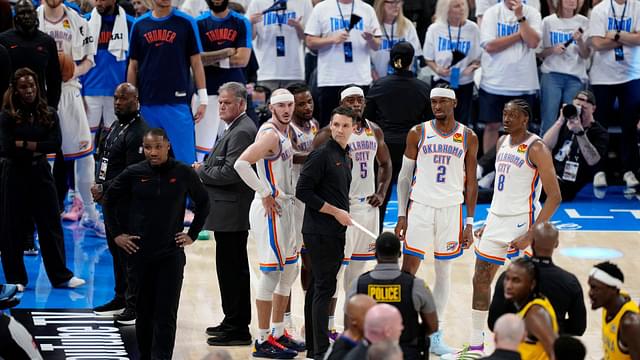 Jun 5, 2025; Oklahoma City, Oklahoma, USA; The Oklahoma City Thunder during a timeout during the fourth quarter in game one of the 2025 NBA Finals against the Indiana Pacers at Paycom Center.