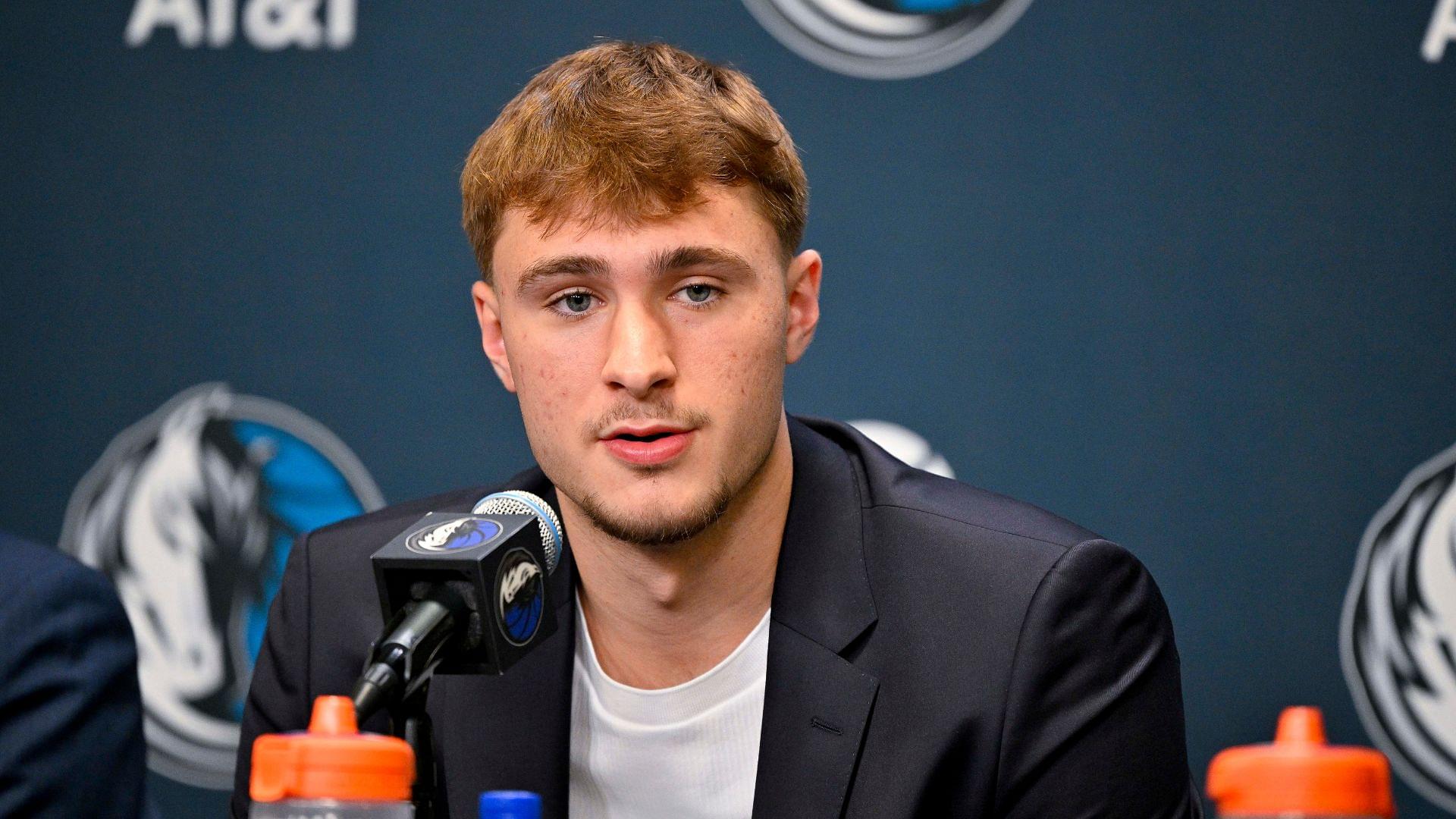 Jun 27, 2025; Dallas, TX, USA; Dallas Mavericks first overall pick Cooper Flagg speaks to the media during a press conference at the Dallas Mavericks Practice Facility.