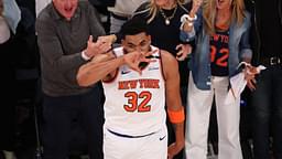 May 23, 2025; New York, New York, USA; New York Knicks center Karl-Anthony Towns (32) celebrates after scoring on a three point shot against the Indiana Pacers in the second quarter during game two of the eastern conference finals for the 2025 NBA Playoffs at Madison Square Garden