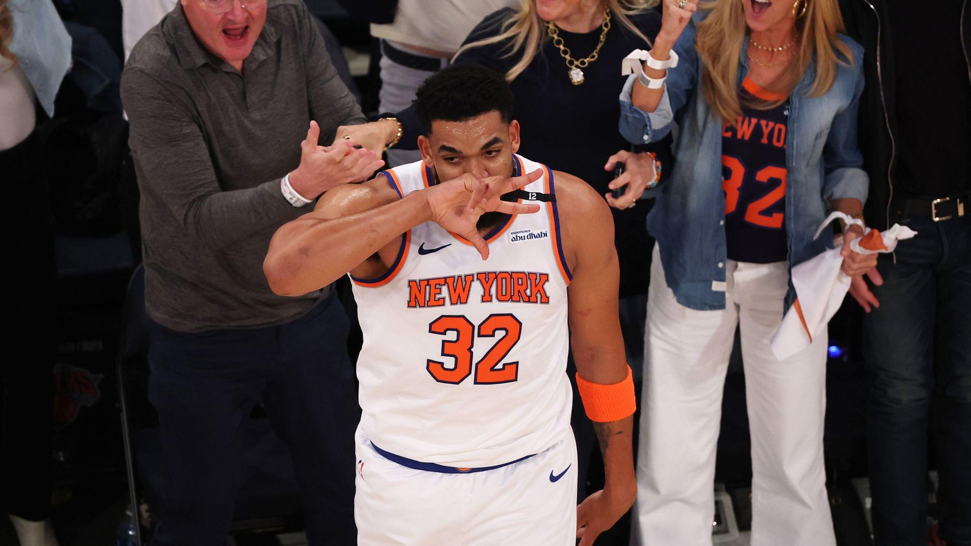 May 23, 2025; New York, New York, USA; New York Knicks center Karl-Anthony Towns (32) celebrates after scoring on a three point shot against the Indiana Pacers in the second quarter during game two of the eastern conference finals for the 2025 NBA Playoffs at Madison Square Garden