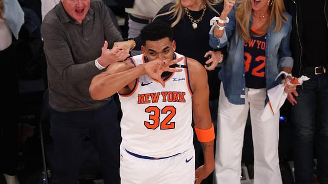 May 23, 2025; New York, New York, USA; New York Knicks center Karl-Anthony Towns (32) celebrates after scoring on a three point shot against the Indiana Pacers in the second quarter during game two of the eastern conference finals for the 2025 NBA Playoffs at Madison Square Garden
