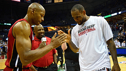 Miami Heat forward LeBron James (right) celebrates with guard Ray Allen after beating the Milwaukee Bucks 88-77