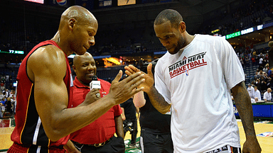 Miami Heat forward LeBron James (right) celebrates with guard Ray Allen after beating the Milwaukee Bucks 88-77