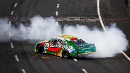 NASCAR Mexico Series driver Daniel Suarez (99) celebrates after winning a NASCAR Mexico Series race at the Los Angeles Memorial Coliseum.