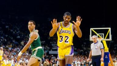 Unknown date; Los Angeles, CA, USA; FILE PHOTO; Los Angeles Lakers guard Magic Johnson (32) reacts as Boston Celtics guard Dennis Johnson points at The Forum. Mandatory