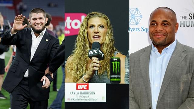 Khabib Nurmagomedov (L), Kayla Karrison (M) and Daniel Cormier (R)