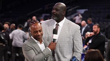 May 29, 2025; New York, New York, USA; Richard Jefferson and Shaquille O'Neal look on before game five of the eastern conference finals for the 2025 NBA Playoffs at Madison Square Garden. Mandatory Credit: Vincent Carchietta-Imagn Images