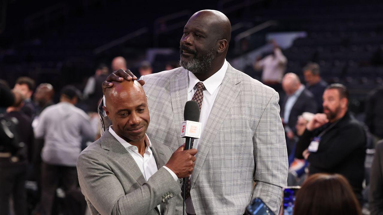 May 29, 2025; New York, New York, USA; Richard Jefferson and Shaquille O'Neal look on before game five of the eastern conference finals for the 2025 NBA Playoffs at Madison Square Garden. Mandatory Credit: Vincent Carchietta-Imagn Images