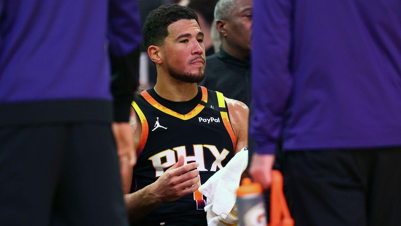 Phoenix Suns guard Devin Booker (1) reacts on the bench against the Oklahoma City Thunder during the second half at Footprint Center.