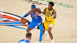 Oklahoma City Thunder guard Shai Gilgeous-Alexander (2) dribbles the ball against Indiana Pacers guard Bennedict Mathurin (00) during the second half during game two of the 2025 NBA Finals at Paycom Center.