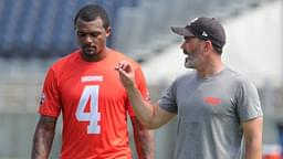 Quarterback Deshaun Watson, talking with coach Kevin Stefanski at a 2022 minicamp session, has only played in 19 of the Browns' 52 games since being acquired from the Texans in 2022.