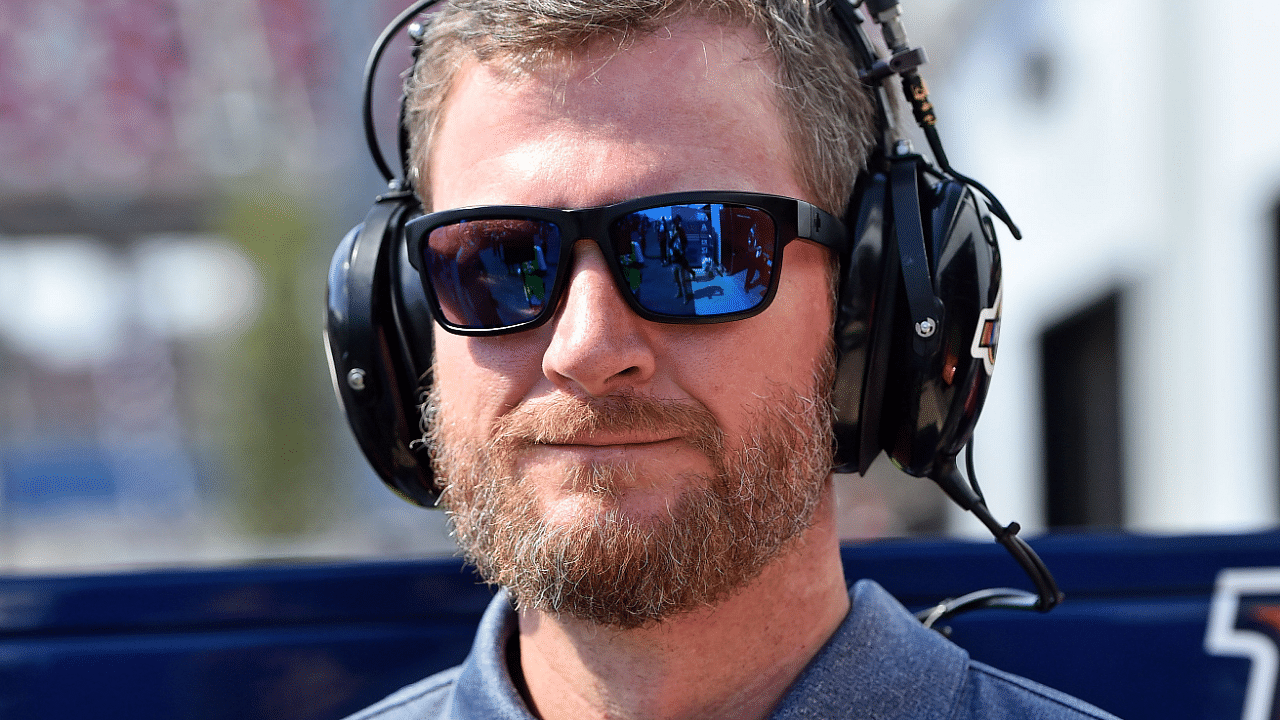 Oct 11, 2019; Talladega, AL, USA; NBC analyst and former driver Dale Earnhardt Jr. looks on during practice for the 1000Bulbs.com 500 at Talladega Superspeedway. Mandatory Credit: Jasen Vinlove-Imagn Images