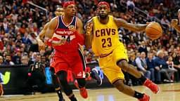 Cleveland Cavaliers forward LeBron James (23) dribbles the ball as Washington Wizards forward Paul Pierce (34) defends in the third quarter at Verizon Center. The Wizards won 91-78.