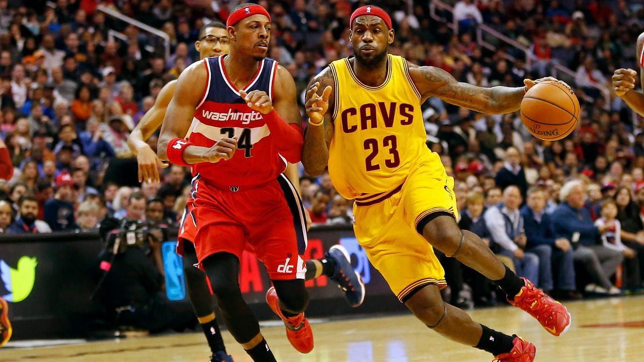 Cleveland Cavaliers forward LeBron James (23) dribbles the ball as Washington Wizards forward Paul Pierce (34) defends in the third quarter at Verizon Center. The Wizards won 91-78.