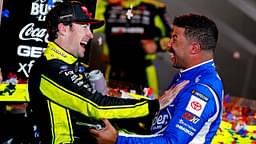 NASCAR Cup Series driver Ryan Blaney (12) celebrates in Victory lane with NASCAR Cup Series driver Bubba Wallace (23) after winning the All-Star Race at Texas Motor Speedway.