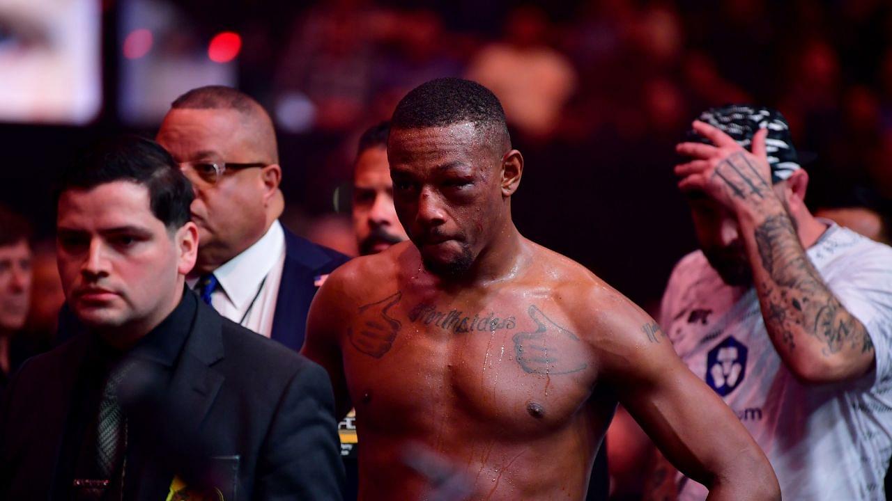 Jamahal Hill (blue gloves) reacts after losing to Jiri Prochazka (not pictured) during UFC 311 at Intuit Dome.