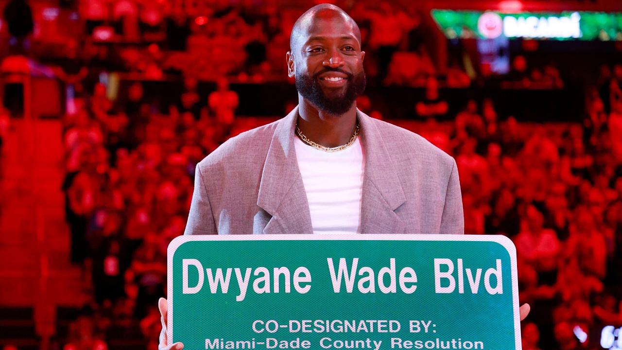 Oct 28, 2024; Miami, Florida, USA; Former Miami Heat guard Dwyane Wade is honored with 'Dwayne Wade Blvd' at halftime during a game against the Detroit Pistons at Kaseya Center. Mandatory Credit: Rhona Wise-Imagn Images