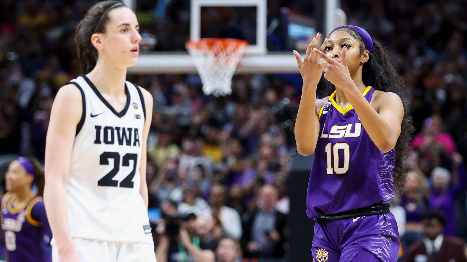 Apr 2, 2023; Dallas, TX, USA; LSU Lady Tigers forward Angel Reese (10) gestures towards Iowa Hawkeyes guard Caitlin Clark (22) after the final round of the Women's Final Four NCAA tournament at the American Airlines Center.