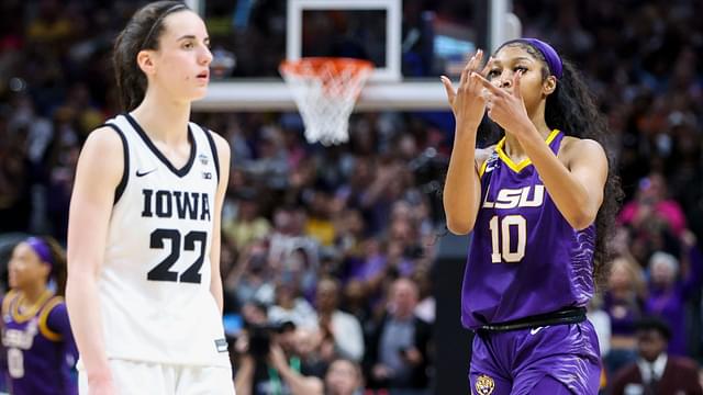 Apr 2, 2023; Dallas, TX, USA; LSU Lady Tigers forward Angel Reese (10) gestures towards Iowa Hawkeyes guard Caitlin Clark (22) after the final round of the Women's Final Four NCAA tournament at the American Airlines Center.