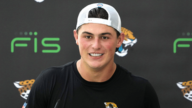 Jacksonville Jaguars wide receiver Louis Rees-Zammit (84) at press confernce at The Grove. Mandatory Credit: Kirby Lee-Imagn Images