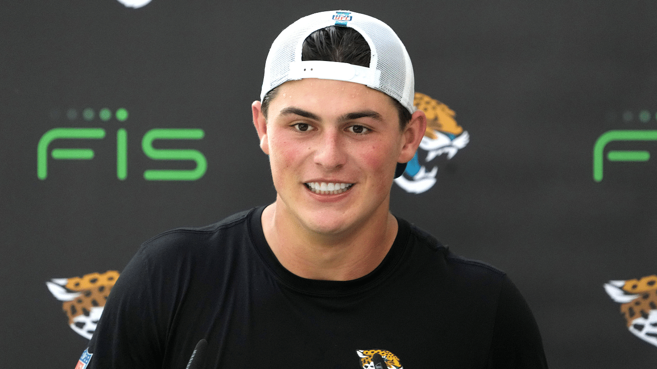 Jacksonville Jaguars wide receiver Louis Rees-Zammit (84) at press confernce at The Grove. Mandatory Credit: Kirby Lee-Imagn Images