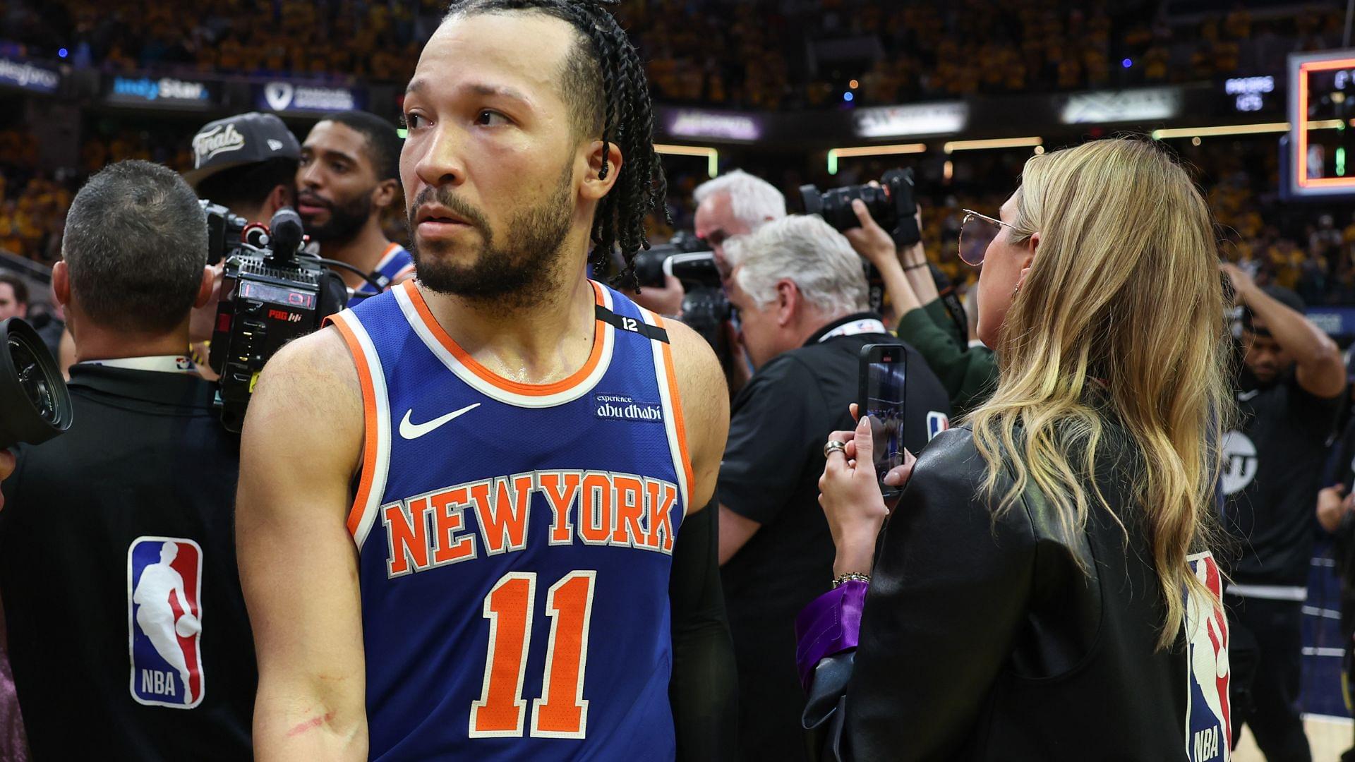 May 31, 2025; Indianapolis, Indiana, USA; New York Knicks guard Jalen Brunson (11) reacts after game six of the eastern conference finals against the Indiana Pacers for the 2025 NBA Playoffs at Gainbridge Fieldhouse