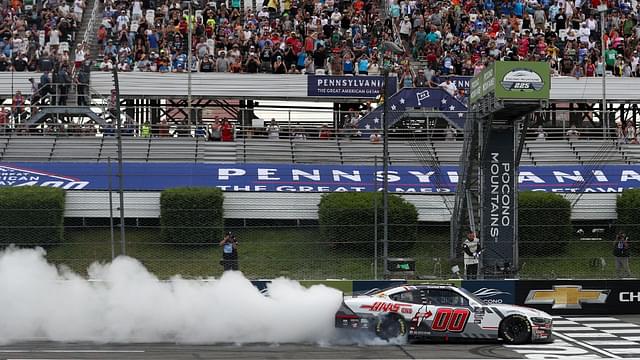 NASCAR Xfinity Series driver Cole Custer (00) celebrates after winning the Explore The Pocono Mountains 225 at Pocono Raceway.