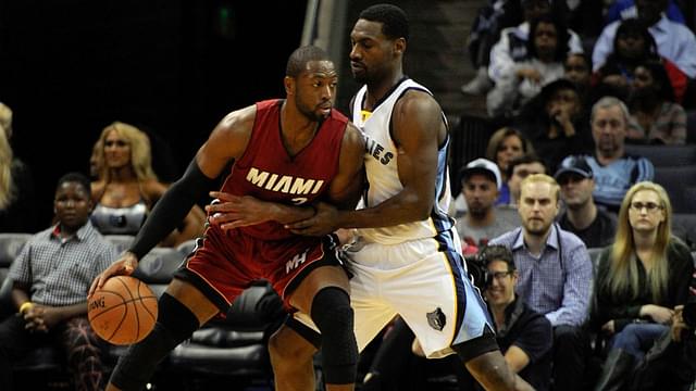 Miami Heat guard Dwyane Wade (3) handles the ball against Memphis Grizzlies guard Tony Allen (9) during the game at FedExForum.