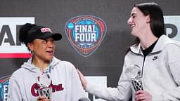 Apr 4, 2024; Cleveland, OH, USA; South Carolina Gamecocks coach Dawn Staley (left) and Iowa Hawkeyes guard Caitlin Clark pose react after being selected as the AP Coach and Player of the Year at a press conference at Rocket Mortgage FieldHouse. Mandatory Credit: Kirby Lee-Imagn Images