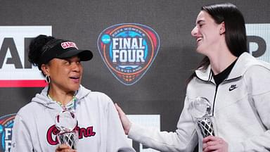 Apr 4, 2024; Cleveland, OH, USA; South Carolina Gamecocks coach Dawn Staley (left) and Iowa Hawkeyes guard Caitlin Clark pose react after being selected as the AP Coach and Player of the Year at a press conference at Rocket Mortgage FieldHouse. Mandatory Credit: Kirby Lee-Imagn Images