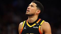Apr 9, 2025; Phoenix, Arizona, USA; Phoenix Suns guard Devin Booker (1) reacts after a play against the Oklahoma City Thunder during the first half at Footprint Center.