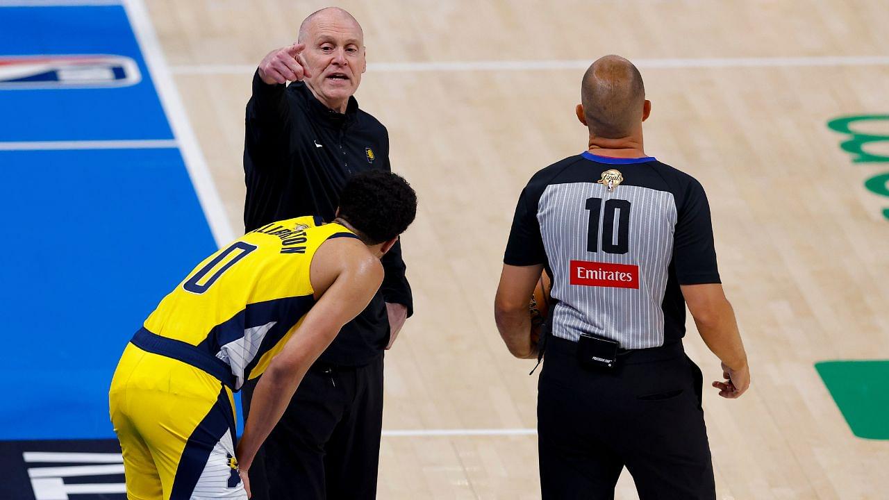 Jun 16, 2025; Oklahoma City, Oklahoma, USA; Indiana Pacers head coach Rick Carlisle motions to the bench as guard Tyrese Haliburton (0) looks on in the first quarter against the Oklahoma City Thunder during game five of the 2025 NBA Finals at Paycom Center. Mandatory Credit: Alonzo Adams-Imagn Images