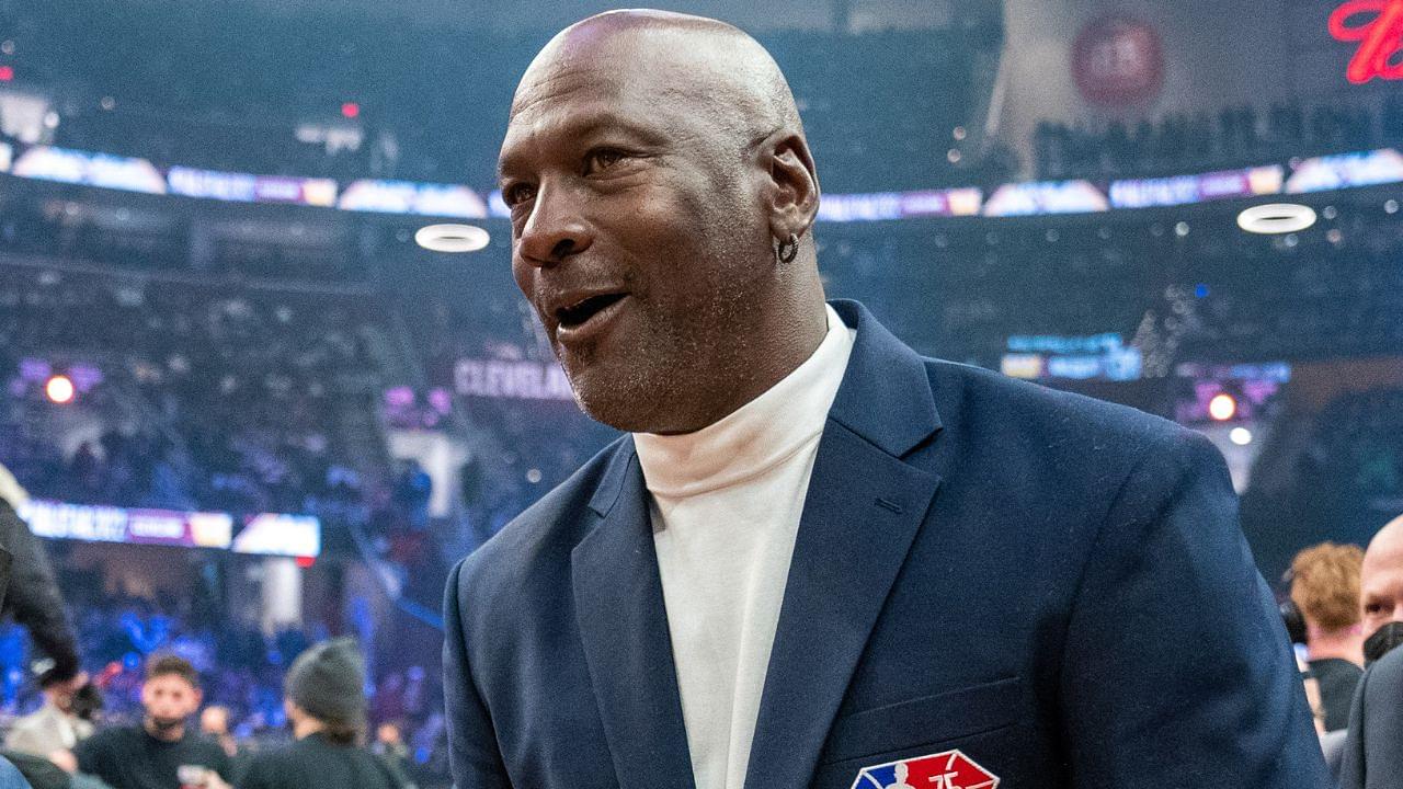 NBA great Michael Jordan is honored for being selected to the NBA 75th Anniversary Team during halftime in the 2022 NBA All-Star Game at Rocket Mortgage FieldHouse