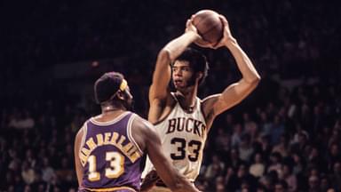 Dec 1970; USA; FILE PHOTO; Milwaukee Bucks center Kareem Abdul-Jabbar (33) against Los Angeles Lakers center Wilt Chamberlain (13).