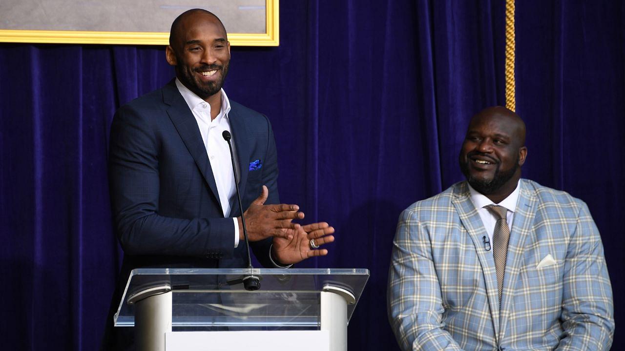 Kobe Bryant (left) speaks during ceremony to unveil statue of Los Angeles Lakers former center Shaquille O'Neal at Staples Center.