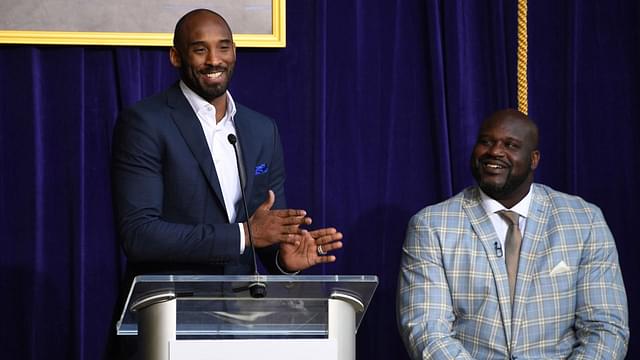 Kobe Bryant (left) speaks during ceremony to unveil statue of Los Angeles Lakers former center Shaquille O'Neal at Staples Center.