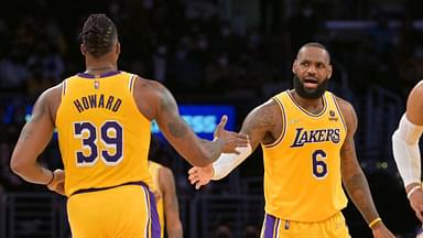 Los Angeles Lakers center Dwight Howard (39) is met by Los Angeles Lakers forward LeBron James (6) in the first half of the game against the Utah Jazz at Crypto.com Arena.