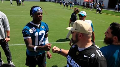 Jacksonville Jaguars wide receiver Travis Hunter (12) greets fans during the second mandatory minicamp at Miller Electric Center Wednesday, June 11, 2025 in Jacksonville, Fla.