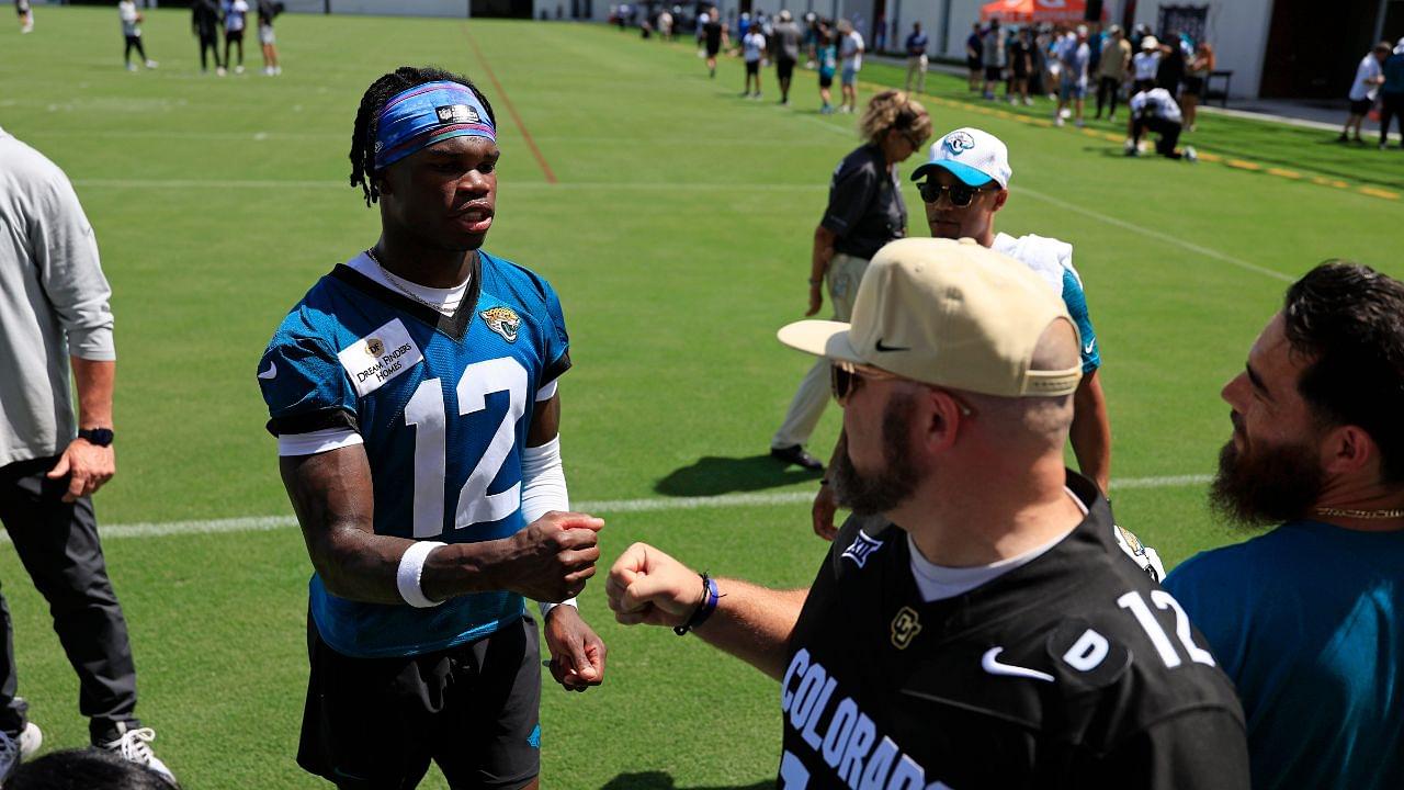 Jacksonville Jaguars wide receiver Travis Hunter (12) greets fans during the second mandatory minicamp at Miller Electric Center Wednesday, June 11, 2025 in Jacksonville, Fla.