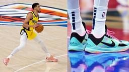Tyrese Haliburton in Game 1 of the NBA Finals (L), Tyrese Haliburton's Kobe 5 'Fiesta' PEs (R)
