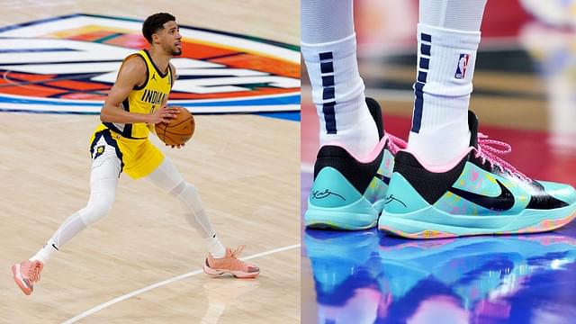 Tyrese Haliburton in Game 1 of the NBA Finals (L), Tyrese Haliburton's Kobe 5 'Fiesta' PEs (R)