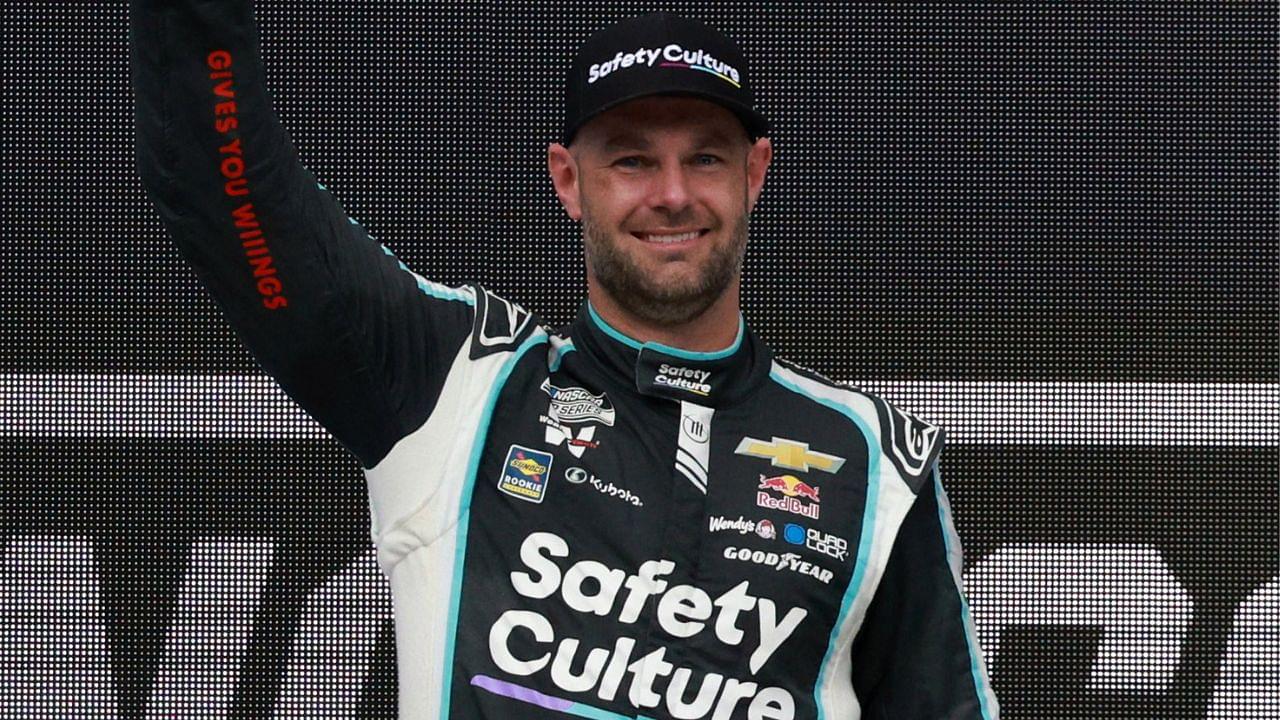 Trackhouse Racing driver Shane van Gisbergen celebrates winning on the podium after winning the NASCAR Cup Series Mexico City Race at Autodromo Hermanos Rodriguez.