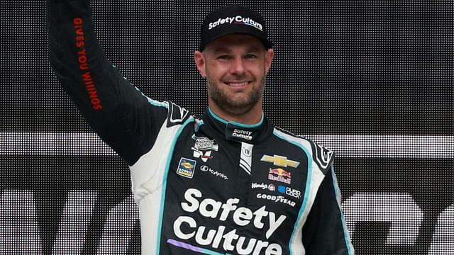 Trackhouse Racing driver Shane van Gisbergen celebrates winning on the podium after winning the NASCAR Cup Series Mexico City Race at Autodromo Hermanos Rodriguez.