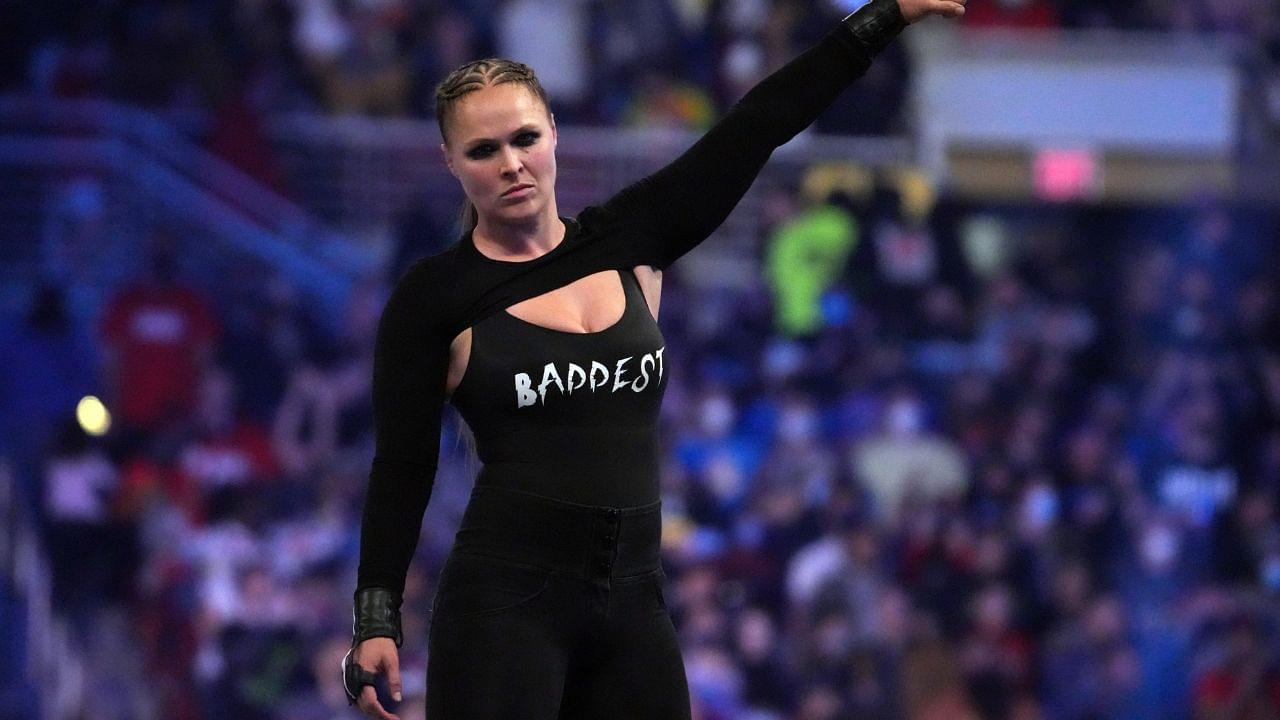 Ronda Rousey celebrates after winning the women s Royal Rumble match during the Royal Rumble at The Dome at America's Center.