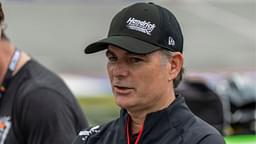 Former driver Jeff Gordon talks with the media during Jack Link's 500 qualifying at Talladega Superspeedway.